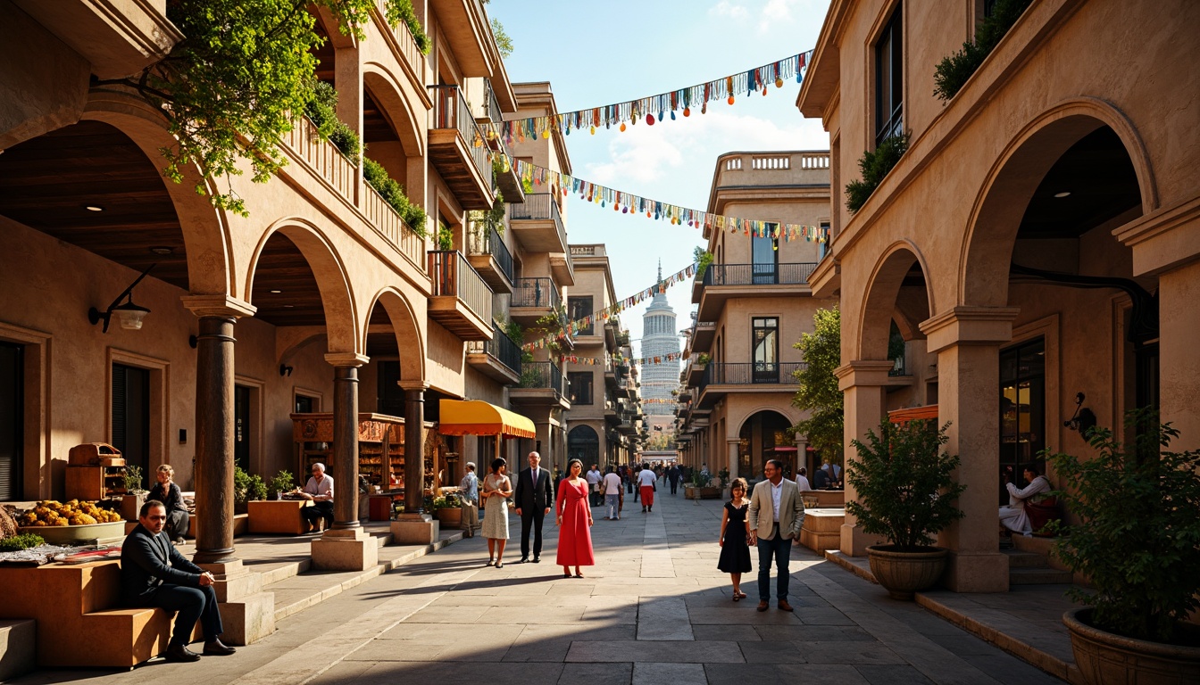 Prompt: Vibrant market scene, eclectic architectural fusion, ornate facades, intricate stone carvings, grand archways, bustling streets, colorful vendor stalls, exotic cultural decorations, lively street performers, warm golden lighting, soft focus effect, 1/2 composition, atmospheric perspective, realistic textures, ambient occlusion.