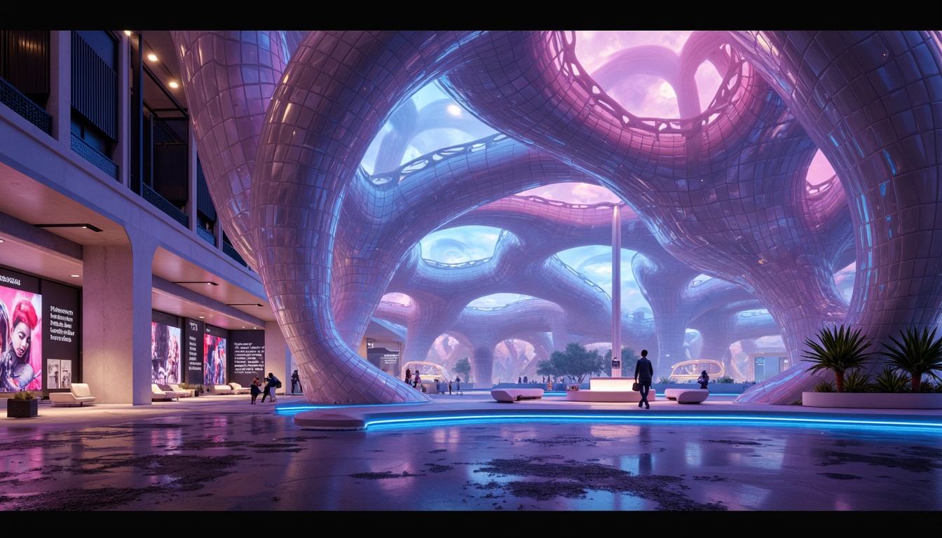 Prompt: Organic blob-like structures, futuristic architecture, iridescent colors, translucent materials, glowing accents, neon lights, LED installations, reflective surfaces, metallic finishes, glossy coatings, hydrophobic materials, self-healing properties, adaptive responses, sustainable biomimicry, eco-friendly manufacturing processes, recyclable components, minimalist details, parametric design, algorithmic modeling, 3D printing technologies, gradient textures, ambient lighting effects, shallow depth of field, 1/2 composition.