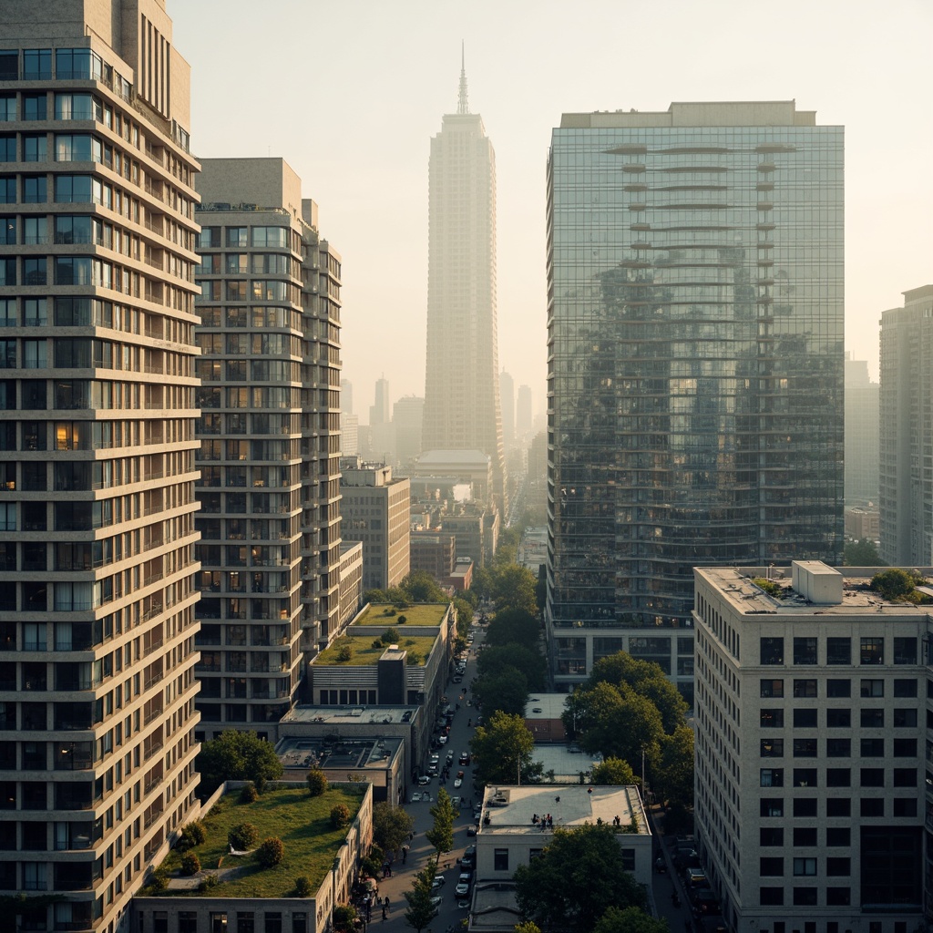 Prompt: Rich urban landscape, modern skyscrapers, sleek glass facades, neutral beige tones, deep blue accents, vibrant green roofs, warm golden lighting, soft misty atmosphere, 1/1 composition, realistic reflections, ambient occlusion.