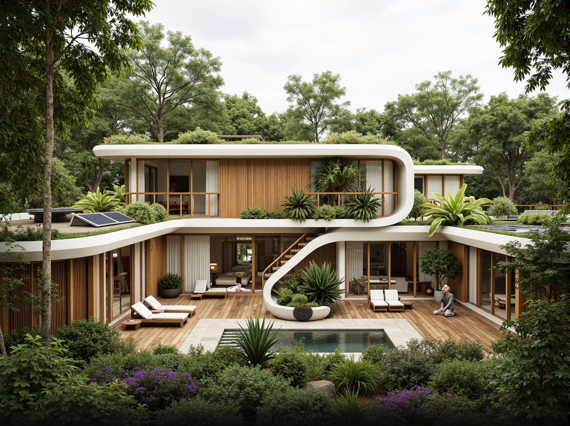 Prompt: Eco-friendly fusion architecture, curved green roofs, solar panels, wind turbines, rainwater harvesting systems, natural ventilation, recycled materials, low-carbon footprint, energy-efficient systems, vertical gardens, living walls, bamboo facades, reclaimed wood accents, minimalist interior design, abundant natural light, clerestory windows, skylights, open floor plans, circular staircases, organic shapes, earthy color palette, soft warm lighting, shallow depth of field, 1/1 composition, panoramic view, realistic textures, ambient occlusion.