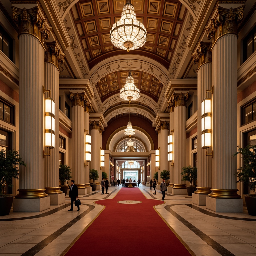 Prompt: Grandiose casino facade, ornate Corinthian columns, intricately carved stonework, lavish golden details, majestic archways, symmetrical composition, grand entrance, red carpet, crystal chandeliers, opulent interior design, luxurious textures, warm ambient lighting, shallow depth of field, 1/1 composition, realistic reflections, detailed architectural ornaments, subtle gradient maps.