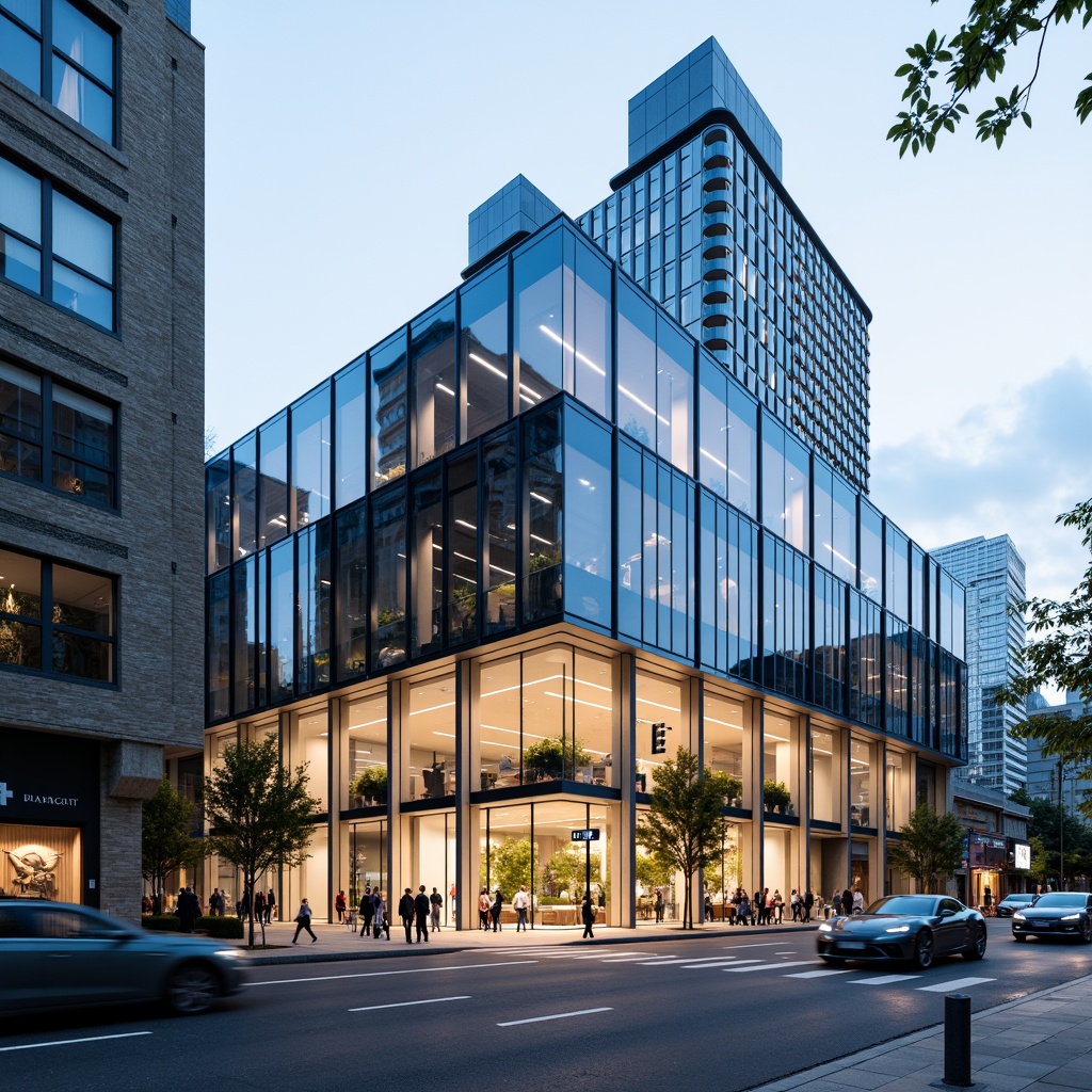 Prompt: Contemporary office building, sleek glass facades, silver metallic frames, minimalist design, open floor plan, high ceilings, polished concrete floors, modern LED lighting, urban cityscape, busy streets, morning commute, soft natural light, shallow depth of field, 1/1 composition, panoramic view, realistic reflections, ambient occlusion.