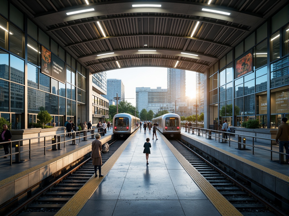 Prompt: Modern metro station, futuristic architecture, sleek metal surfaces, glass fa\u00e7ades, LED lighting systems, dynamic digital displays, efficient ventilation systems, sustainable energy harvesting, green roofs, recycled materials, durable concrete floors, stainless steel handrails, minimal ornamentation, functional aesthetics, urban connectivity hub, bustling pedestrian traffic, vibrant cityscape, morning commute rush, soft warm lighting, shallow depth of field, 1/2 composition, realistic textures, ambient occlusion.