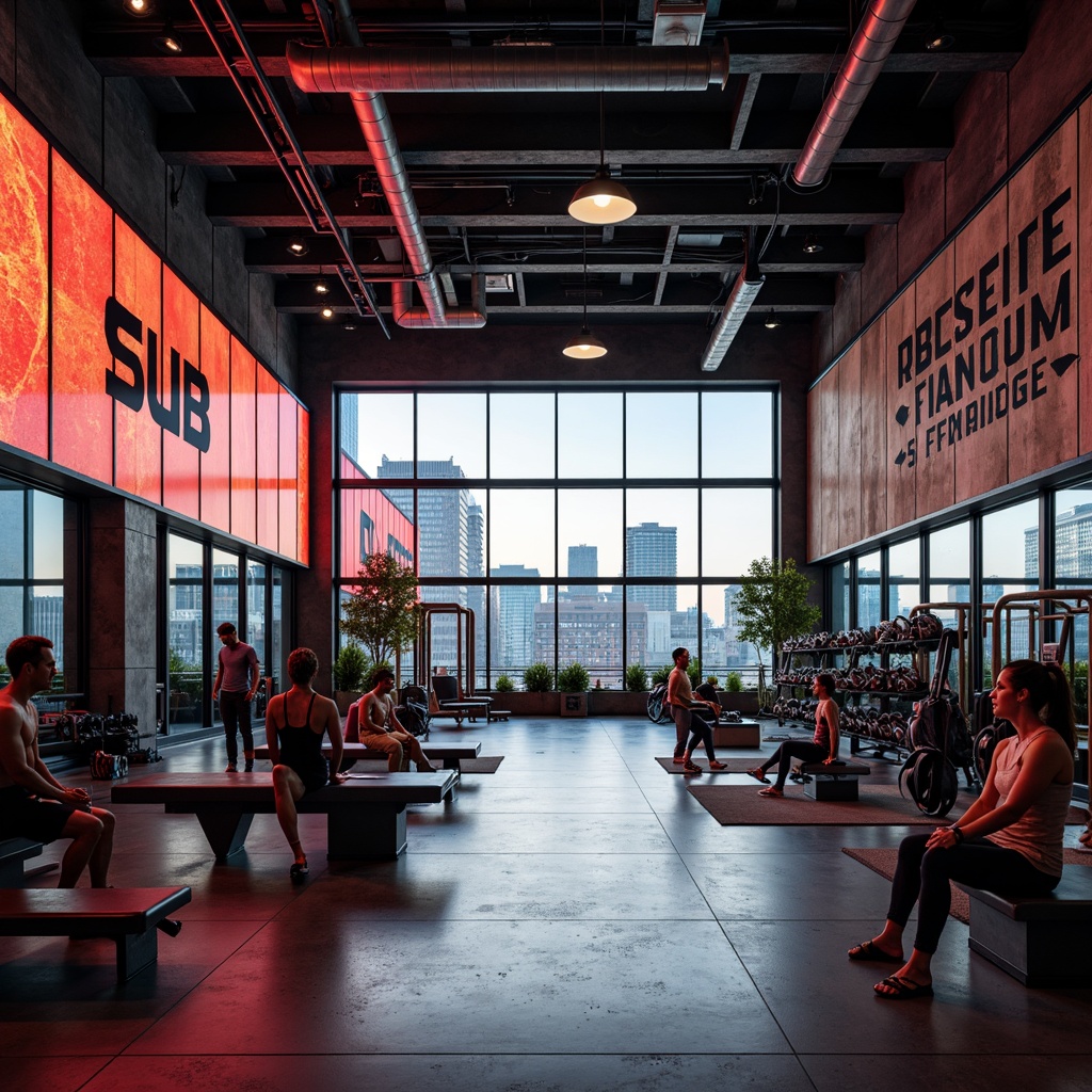 Prompt: Industrial chic fitness club, exposed ductwork, metal beams, polished concrete floors, minimalist lighting, brutalist architecture, raw steel equipment, reclaimed wood accents, neon color schemes, dynamic LED displays, urban cityscape views, morning sunlight, high-contrast shadows, dramatic spotlights, 1/1 composition, symmetrical framing, bold typography, abstract graffiti, modern athletic equipment, futuristic exercise machines, virtual fitness interfaces.