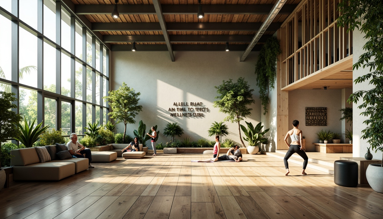 Prompt: Wellness-focused fitness club, spacious interior, natural light pouring in, floor-to-ceiling windows, minimalist decor, sleek metal equipment, wooden flooring, motivational quotes, calming color palette, greenery walls, tropical plants, organic textures, soft warm lighting, 1/1 composition, realistic reflections, ambient occlusion.