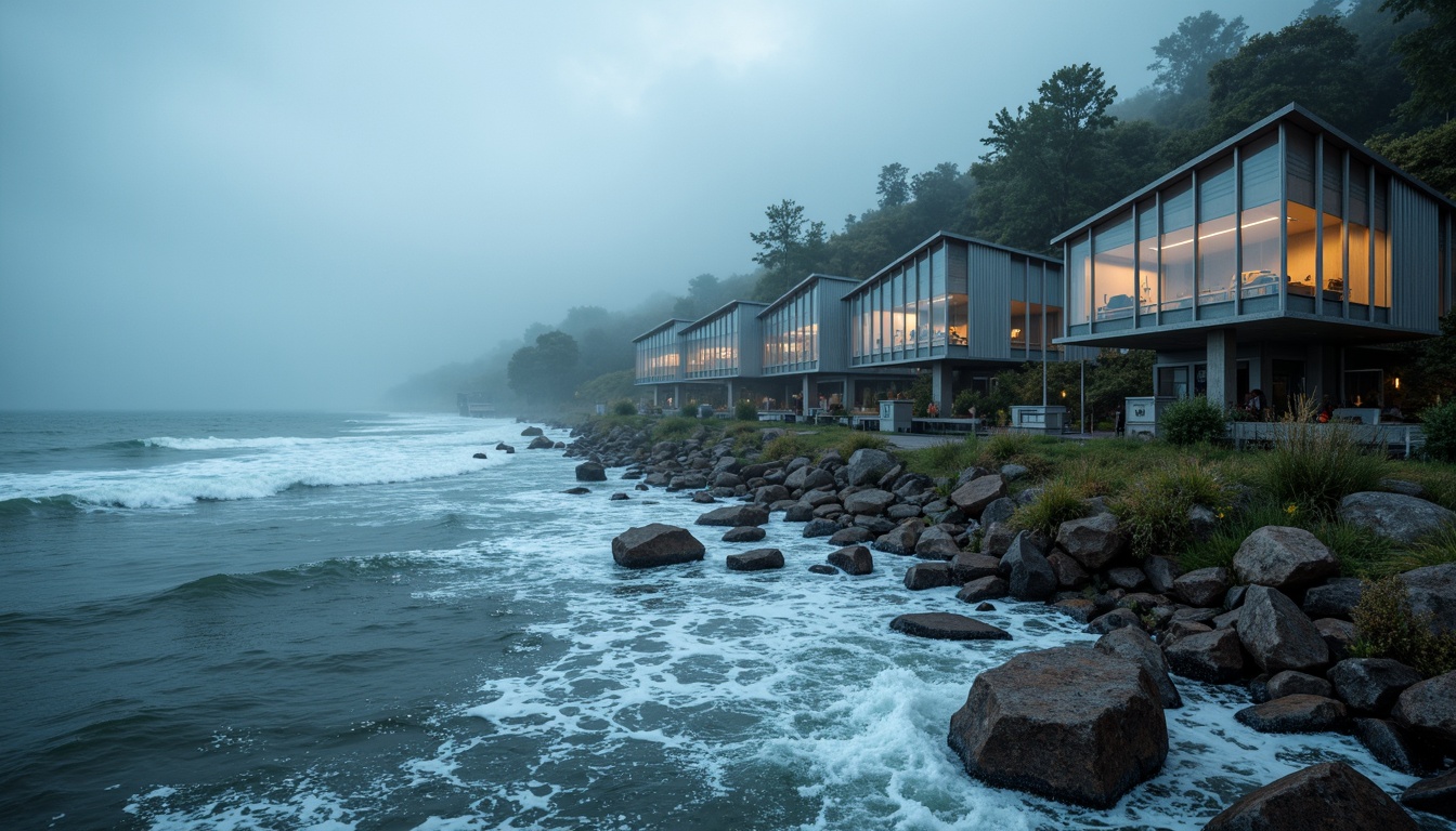 Prompt: Wave-battered coastline, rocky shores, sea spray mist, futuristic workshop facilities, corrugated metal cladding, translucent glass fa\u00e7ades, angular steel frames, cantilevered roofs, ocean-inspired color palette, iridescent materials, glowing neon accents, atmospheric fog effects, shallow depth of field, 1/1 composition, symmetrical framing, cinematic lighting, detailed texture mapping, ambient occlusion.Please let me know if this meets your requirements.