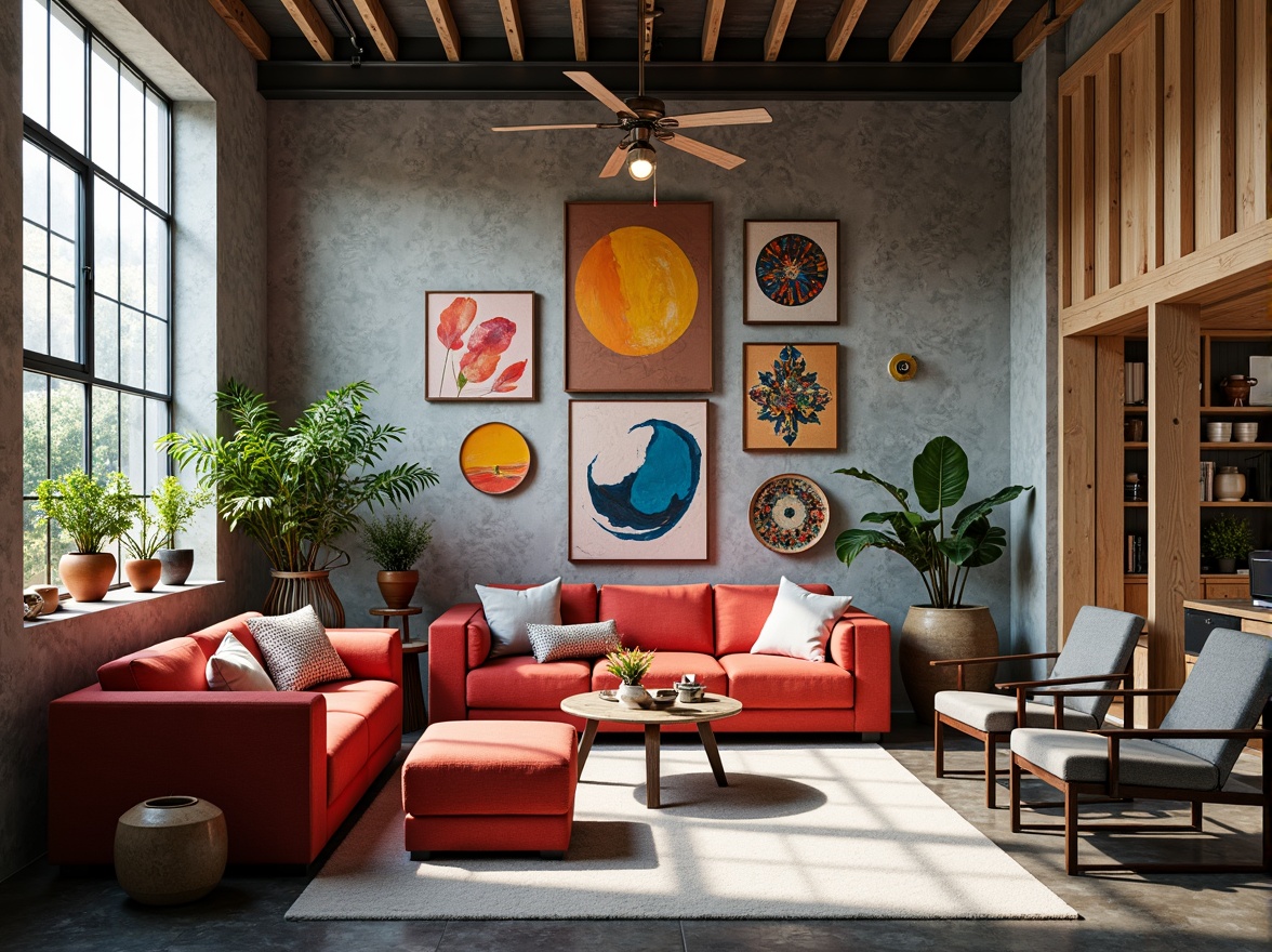 Prompt: Vibrant design studio, modern artistic space, eclectic furniture pieces, bold color accents, abstract artwork, industrial metal beams, polished concrete floors, natural light pouring in, warm cozy atmosphere, softbox lighting, 3/4 composition, shallow depth of field, realistic textures, ambient occlusion.