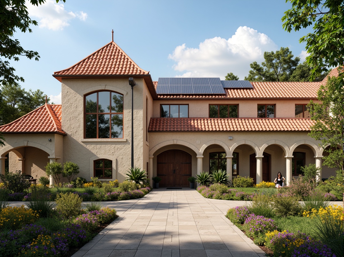 Prompt: Rustic school building, Romanesque style architecture, red terracotta roofing tiles, ornate stone carvings, grand arched windows, heavy wooden doors, lush greenery, vibrant flowers, educational signage, natural stone walkways, modern innovative roofing solutions, solar panels, green roofs, eco-friendly materials, sustainable energy systems, warm sunny day, soft diffused lighting, 3/4 composition, realistic textures, ambient occlusion.