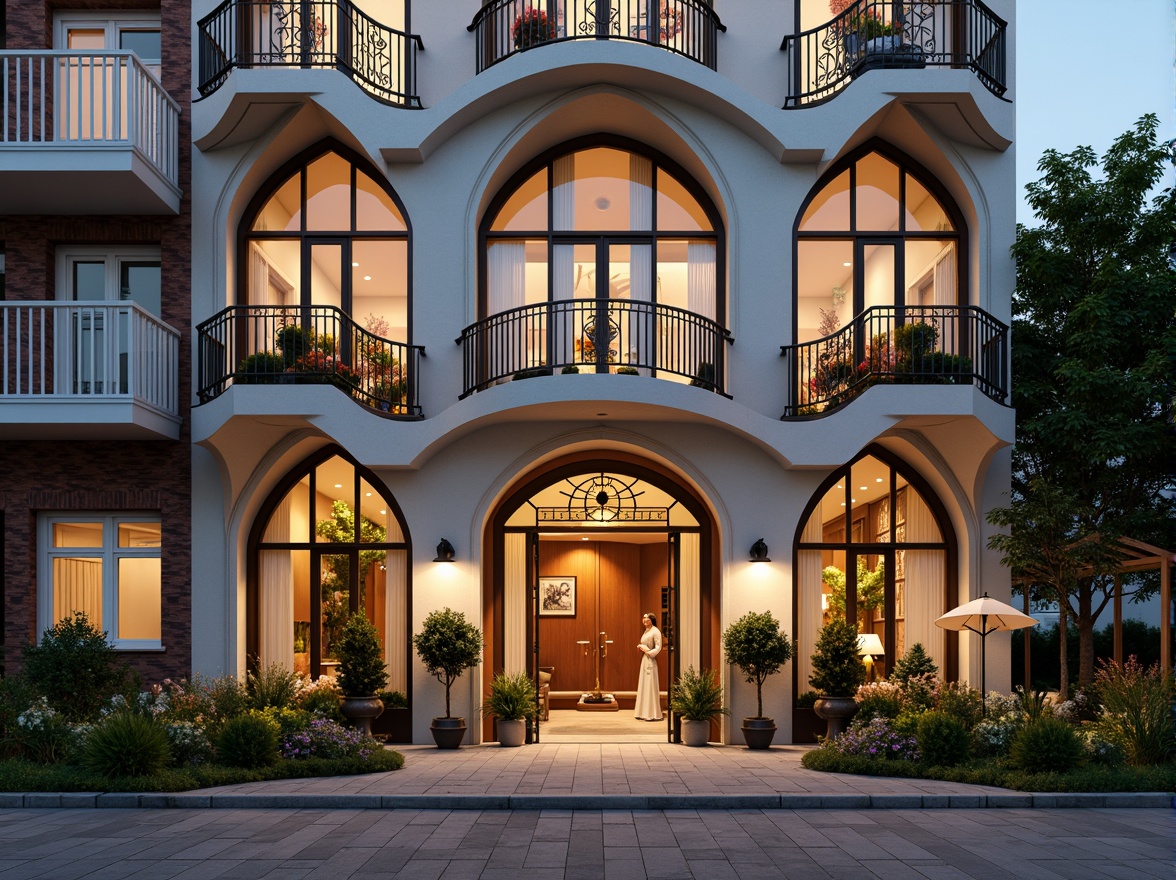 Prompt: Ornate hotel facade, flowing curves, organic forms, sinuous lines, floral patterns, stained glass windows, ornamental balconies, grand entrance, polished marble columns, intricate ironwork, vintage lamps, lush greenery, blooming flowers, soft warm lighting, shallow depth of field, 3/4 composition, panoramic view, realistic textures, ambient occlusion.Please let me know if this meets your requirements!