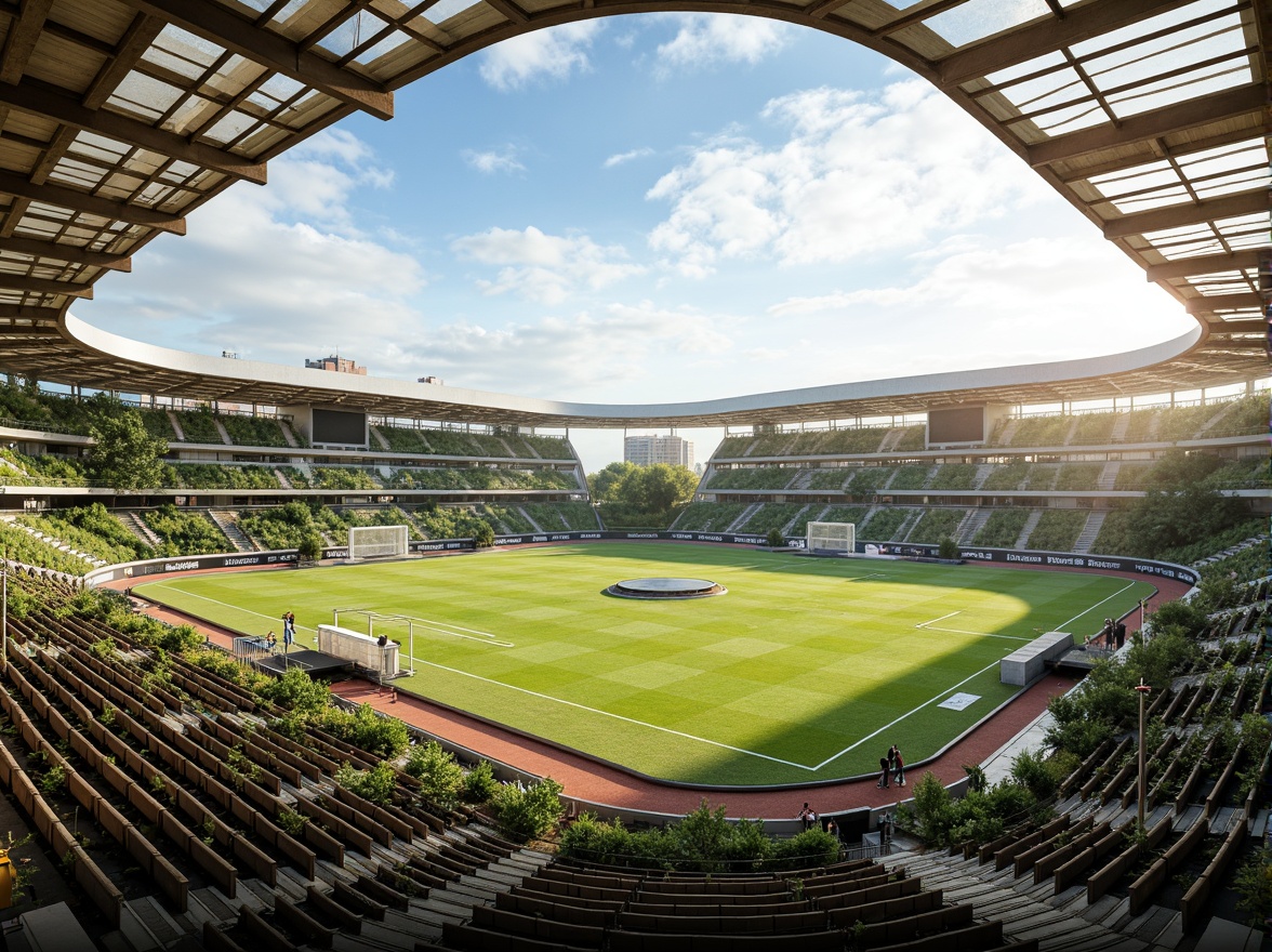 Prompt: Large soccer stadium, open-air structure, natural ventilation systems, wind-driven airflow, clerestory windows, skylights, solar chimneys, thermal mass walls, breathable facades, green roofs, living walls, urban landscape, cityscape views, sunny day, soft warm lighting, shallow depth of field, 3/4 composition, panoramic view, realistic textures, ambient occlusion.