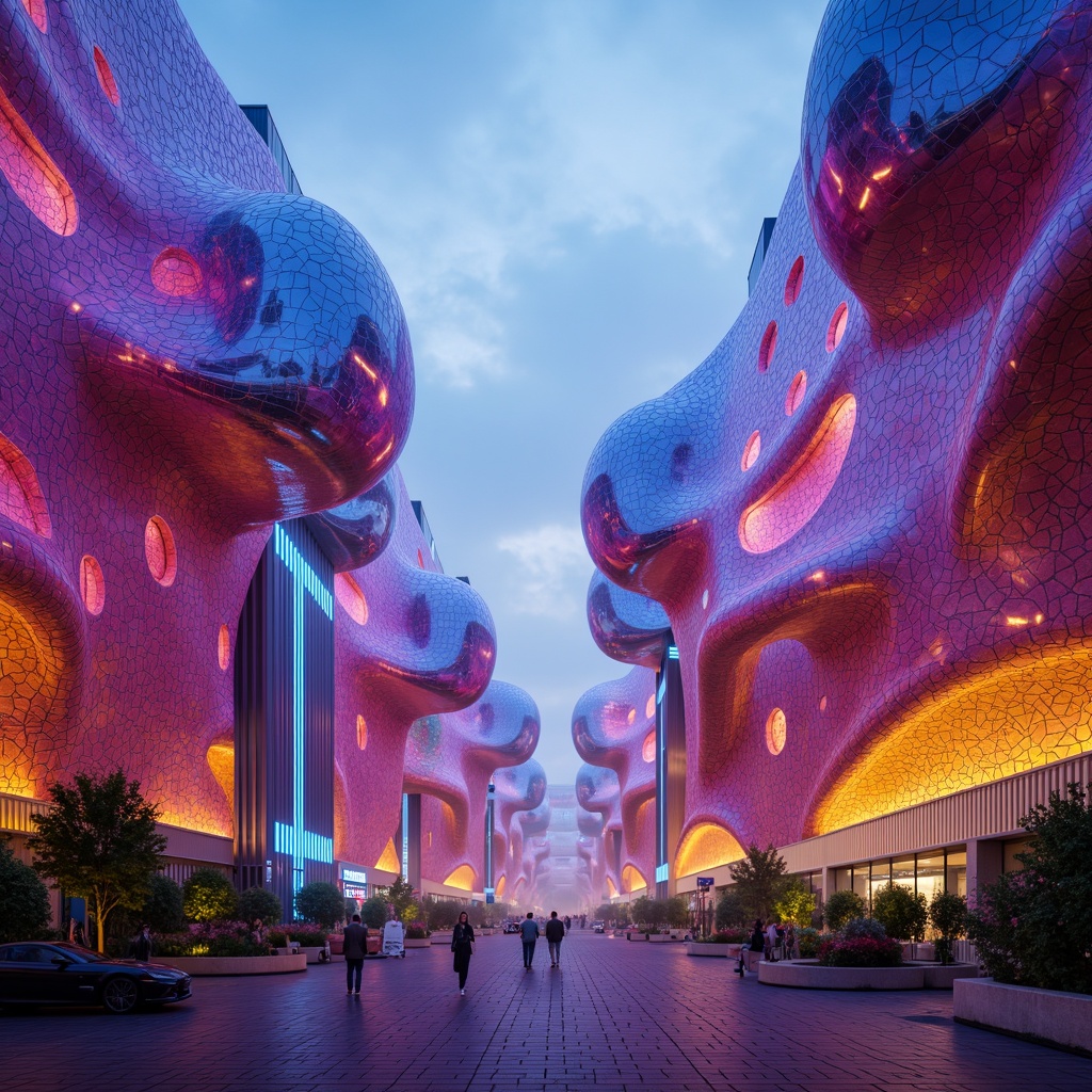 Prompt: Vibrant blob-shaped buildings, iridescent colors, shimmering effects, neon lights, glowing accents, futuristic atmosphere, curved lines, organic forms, playful textures, bold color blocking, gradient transitions, luminous skies, misty backgrounds, dreamy ambiance, soft focus, atmospheric perspective, 3/4 composition, surrealistic scenery.