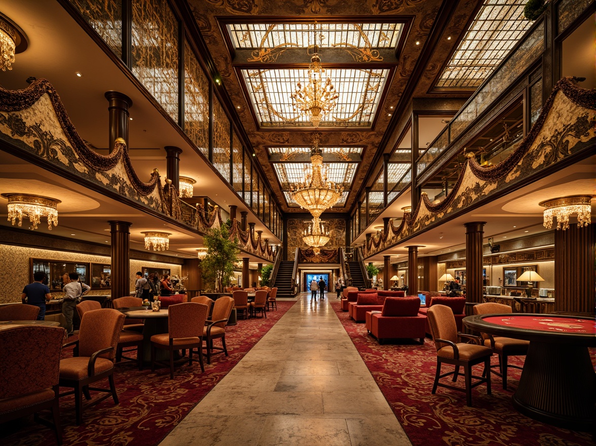 Prompt: Luxurious casino interior, ornate Art Nouveau details, flowing organic patterns, metallic accents, grand chandeliers, rich velvet fabrics, intricate moldings, curved lines, opulent furnishings, lavish decorations, marble floors, stained glass ceilings, warm golden lighting, shallow depth of field, 1/1 composition, realistic textures, ambient occlusion.