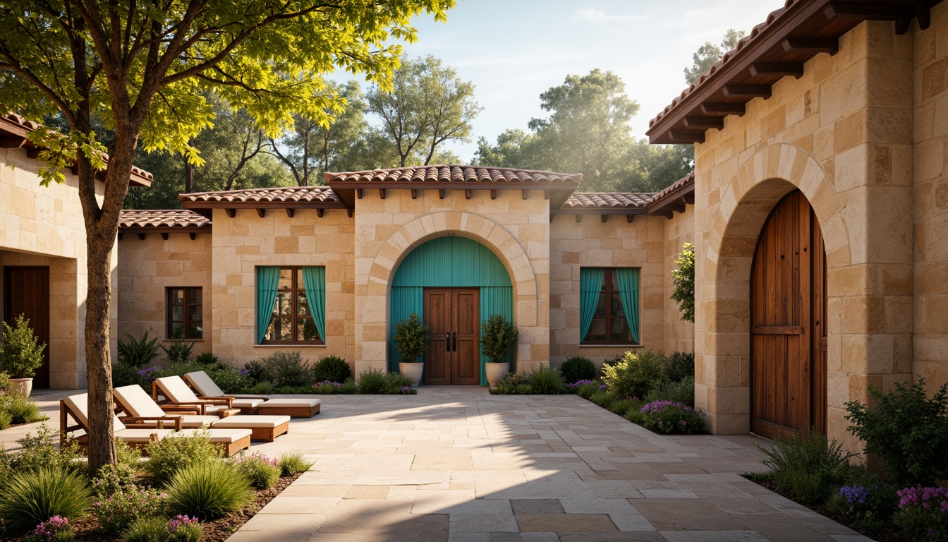 Prompt: Warm beige stone walls, rustic terracotta roofs, ornate carvings, grand archways, vibrant turquoise accents, earthy brown wooden doors, soft golden lighting, misty morning atmosphere, shallow depth of field, 1/2 composition, realistic textures, ambient occlusion, natural stone pathways, lush greenery, blooming flowers, serene courtyard, peaceful ambiance.