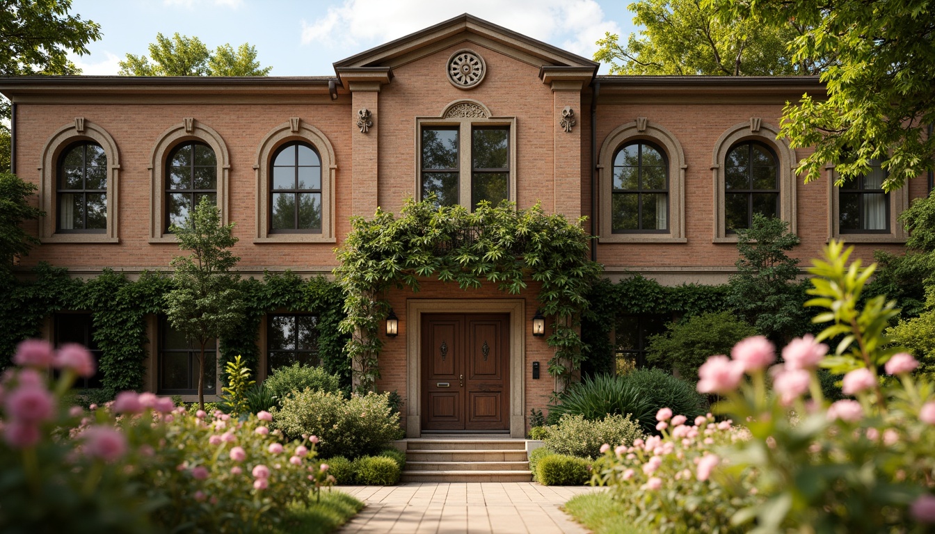 Prompt: Rustic school building, Romanesque style facade, arched windows, carved stone ornaments, earthy tone brick walls, green ivy climbing, ornate entrance doors, intricate stone carvings, warm natural lighting, shallow depth of field, 1/1 composition, realistic textures, ambient occlusion, vibrant blooming flowers, lush greenery, sunny day, soft warm light.