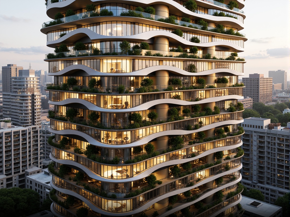 Prompt: Futuristic skyscraper, undulating curves, parametric design, iridescent glass panels, LED light installations, dynamic shading systems, cantilevered balconies, sleek metal accents, minimalist railings, green roofs, living walls, urban jungle, bustling cityscape, warm golden lighting, shallow depth of field, 1/1 composition, realistic reflections, ambient occlusion.