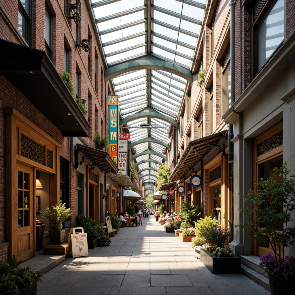 Prompt: Vibrant market scene, fusion of modern and traditional facades, eclectic mix of materials, exposed brick walls, steel beams, glass roofs, colorful signage, ornate wooden doors, bustling street life, lively atmosphere, morning sunlight, soft warm lighting, shallow depth of field, 3/4 composition, panoramic view, realistic textures, ambient occlusion.