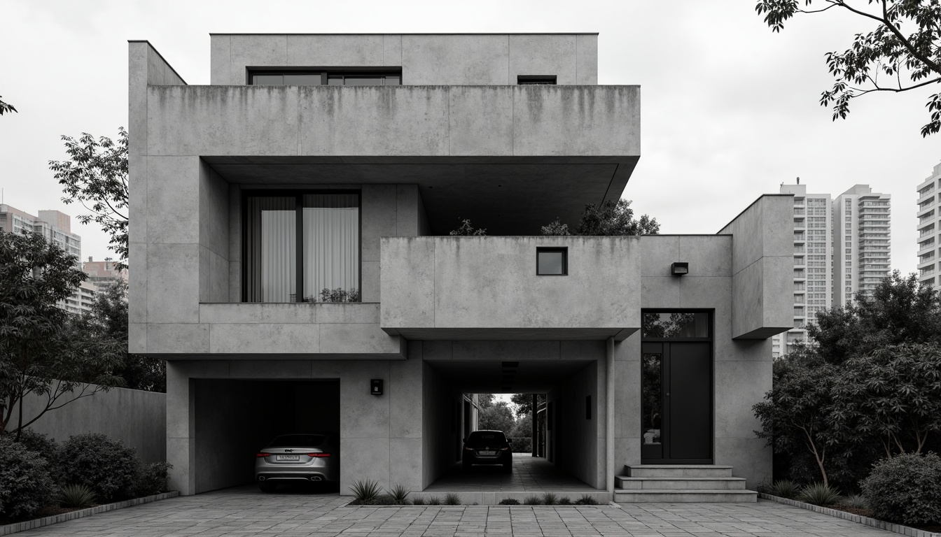 Prompt: Rugged brutalist house facade, raw concrete texture, fortress-like structure, angular geometric forms, minimal ornamentation, industrial materials, exposed ductwork, functional simplicity, cold monochromatic color scheme, dramatic shading, intense contrast, bold architectural statement, urban surroundings, dense cityscape, overcast sky, low-key lighting, deep depth of field, 2/3 composition, cinematic mood, realistic rendering, ambient occlusion.