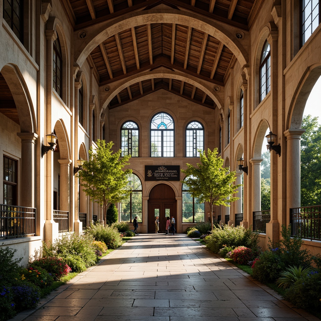 Prompt: Rustic school building, Romanesque arches, ornate carvings, intricate stone patterns, grand entrance hallways, vaulted ceilings, stained glass windows, decorative columns, ornamental ironwork, lush greenery, vibrant flowers, educational signage, natural stone walkways, warm earthy tones, soft warm lighting, shallow depth of field, 3/4 composition, panoramic view, realistic textures, ambient occlusion.