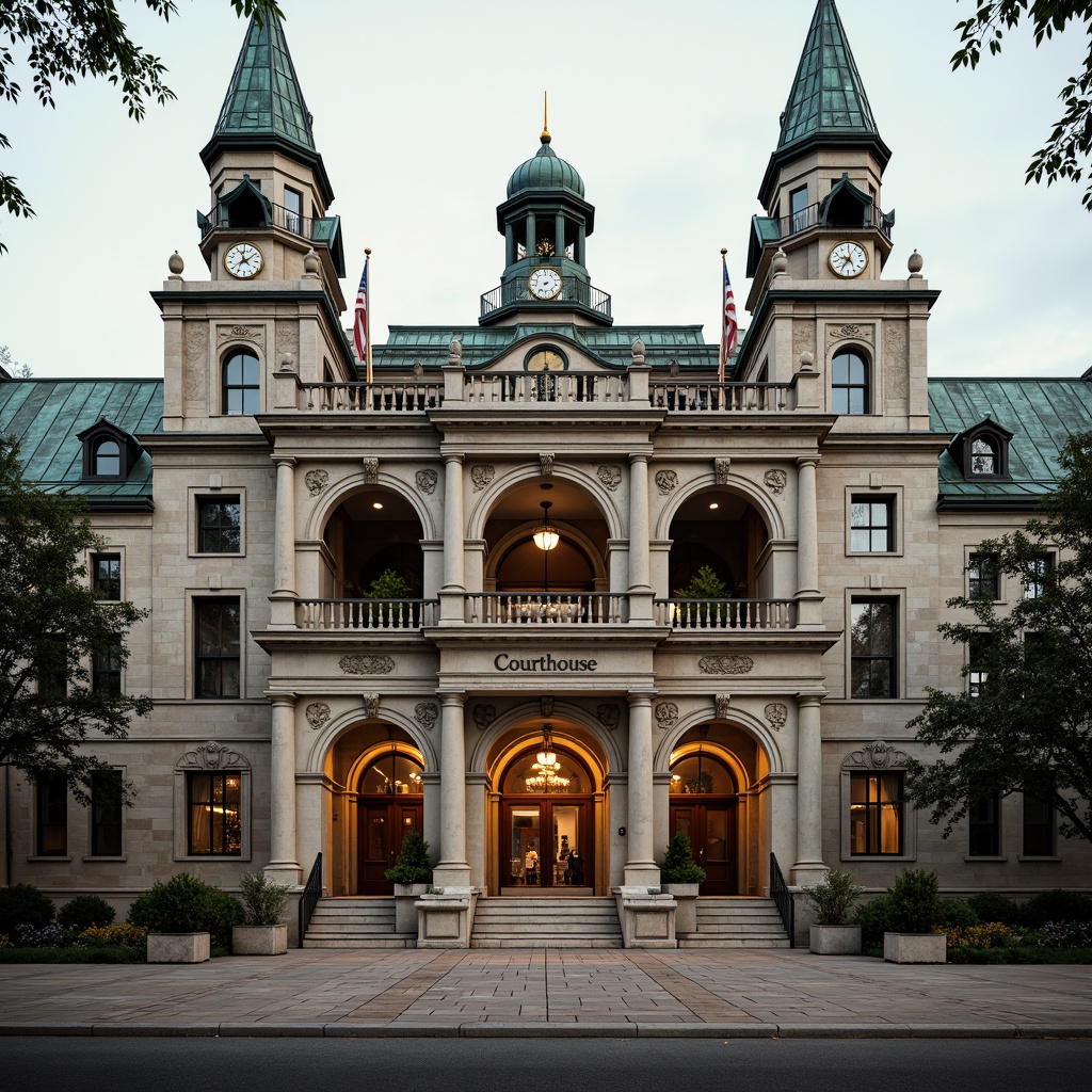 Prompt: Grand courthouse entrance, ornate columns, majestic arches, intricate stonework, weathered copper roofs, imposing clock towers, neoclassical fa\u00e7ade, symmetrical composition, balanced proportions, rusticated base, grand staircases, ornamental metalwork, solemn atmosphere, dramatic lighting, warm golden tones, shallow depth of field, 1/1 composition, realistic textures, ambient occlusion.