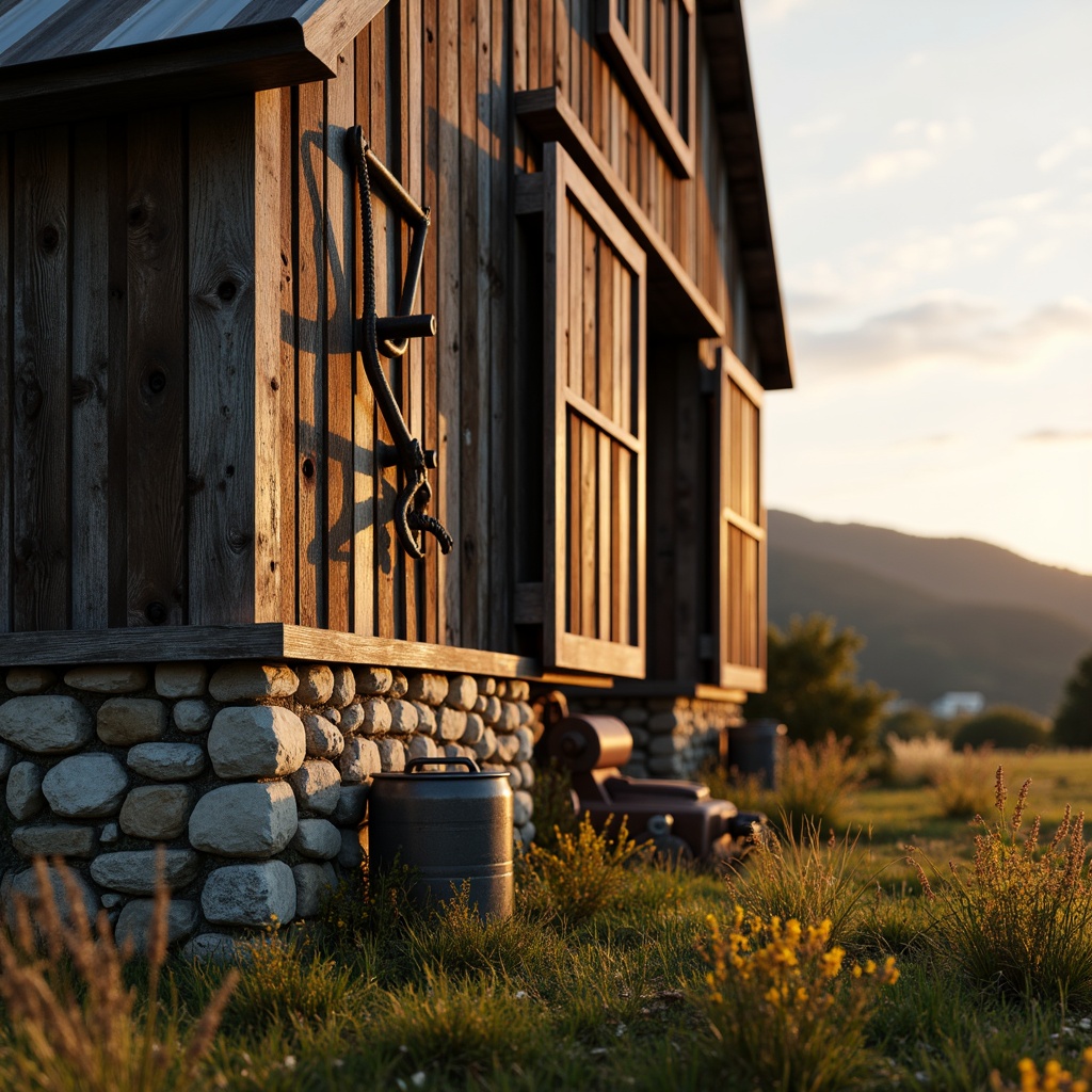 Prompt: Rustic barn facade, wooden planks, corrugated metal roofing, vintage farm tools, distressed wood textures, earthy color palette, natural stone foundation, asymmetrical composition, dramatic lighting, warm golden hour, shallow depth of field, 1/2 composition, rustic metal accents, reclaimed wood elements, agricultural equipment, rural landscape, rolling hills, wildflower fields, soft focus effect, cinematic atmosphere.