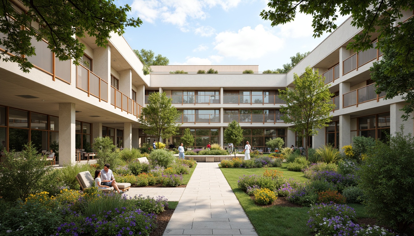 Prompt: Serene hospital courtyard, lush greenery, vibrant flowers, natural stone walkways, large windows, glass roofs, clerestory windows, solar tubes, reflective surfaces, minimalist design, calming color palette, soft warm lighting, shallow depth of field, 3/4 composition, panoramic view, realistic textures, ambient occlusion, gentle nurse stations, comfortable patient rooms, peaceful waiting areas, open-air gardens, water features, nature-inspired artwork.