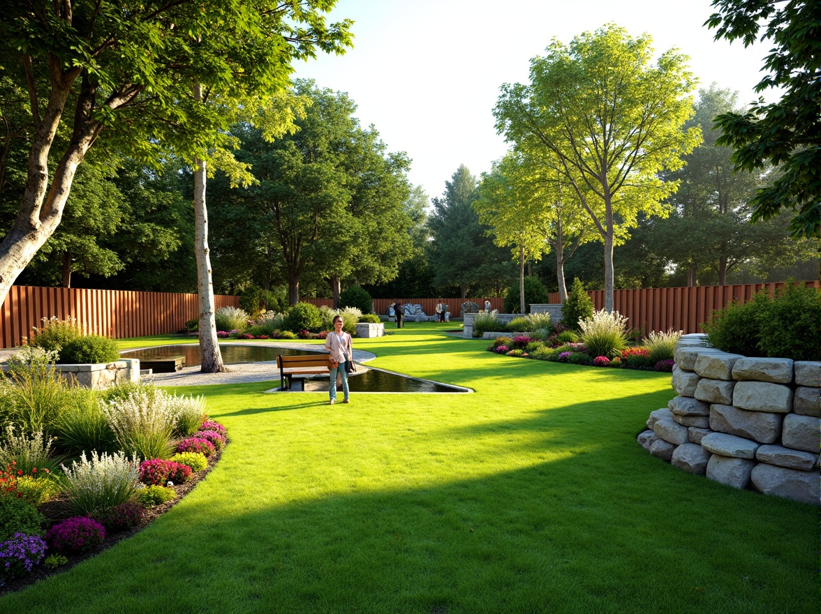 Prompt: Lush green lawn, vibrant flowerbeds, ornamental trees, meandering pathways, rustic stone walls, wooden fences, serene water features, tranquil ponds, colorful garden benches, natural rock formations, blooming shrubs, sunny day, soft warm lighting, shallow depth of field, 3/4 composition, panoramic view, realistic textures, ambient occlusion.