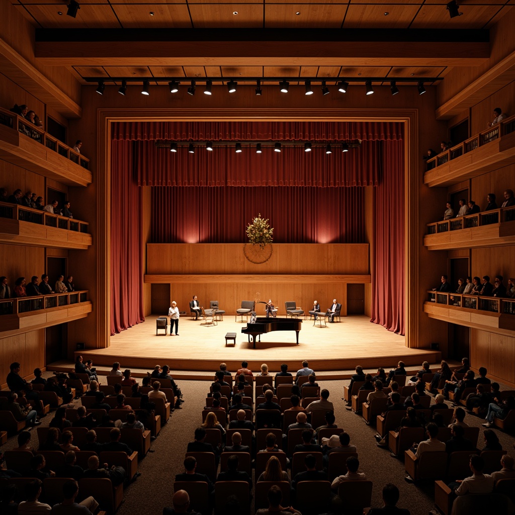 Prompt: Intimate concert hall, wooden stage, grand piano, velvet curtains, plush audience seating, sound-absorbing panels, acoustic diffusers, reverberation-enhancing architecture, warm ambient lighting, subtle color scheme, rich wood tones, ornate details, precise sound reflection, 1/2 composition, shallow depth of field, soft focus, realistic textures, ambient occlusion.