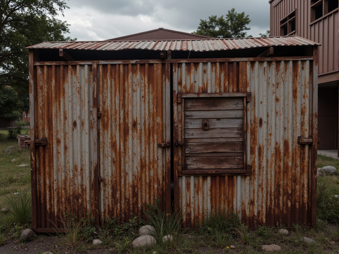 Prompt: Rustic corrugated iron, weathered patina, distressed metal texture, industrial aesthetic, rough-hewn edges, worn-out surfaces, earthy tones, natural decay, abandoned factory settings, overcast skies, soft diffused lighting, shallow depth of field, 1/2 composition, realistic reflections, ambient occlusion.