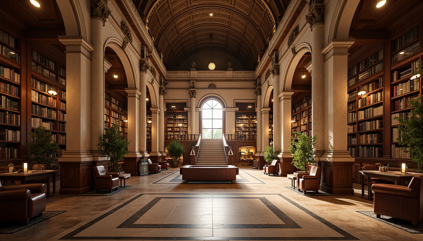 Prompt: Grandiose library interior, ornate columns, intricately carved capitals, polished marble floors, sweeping staircases, majestic archways, vaulted ceilings, grand reading rooms, wooden paneling, leather-bound books, warm golden lighting, soft focus, 1/1 composition, symmetrical framing, realistic textures, ambient occlusion.