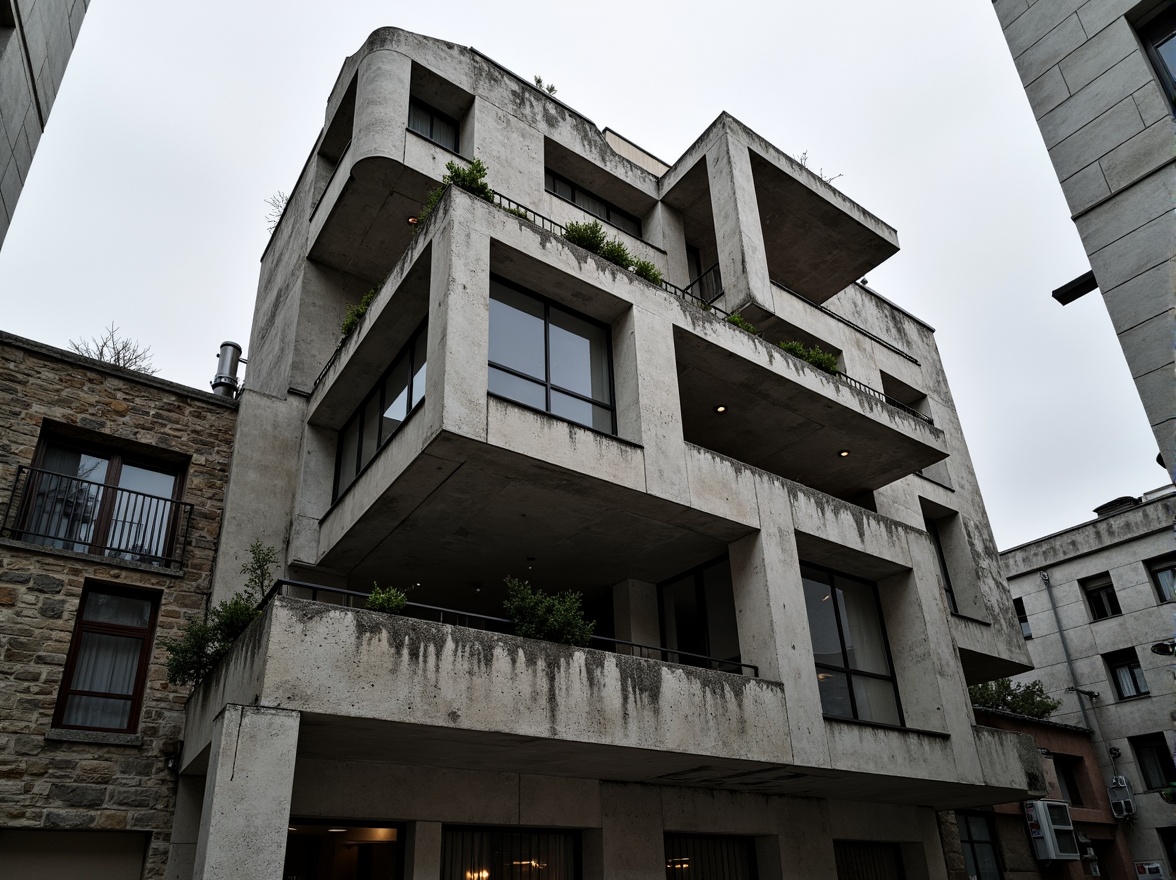 Prompt: Rustic brutalist building, exposed concrete facade, rugged stone walls, metallic beams, industrial pipes, urban cityscape, overcast sky, dramatic shadows, high-contrast lighting, abstract geometric patterns, fragmented forms, deconstructivist architecture, brutalist aesthetics, raw unfinished textures, monochromatic color scheme, bold structural elements, cantilevered volumes, dynamic diagonal lines, 1/2 composition, low-angle shot, cinematic atmosphere.