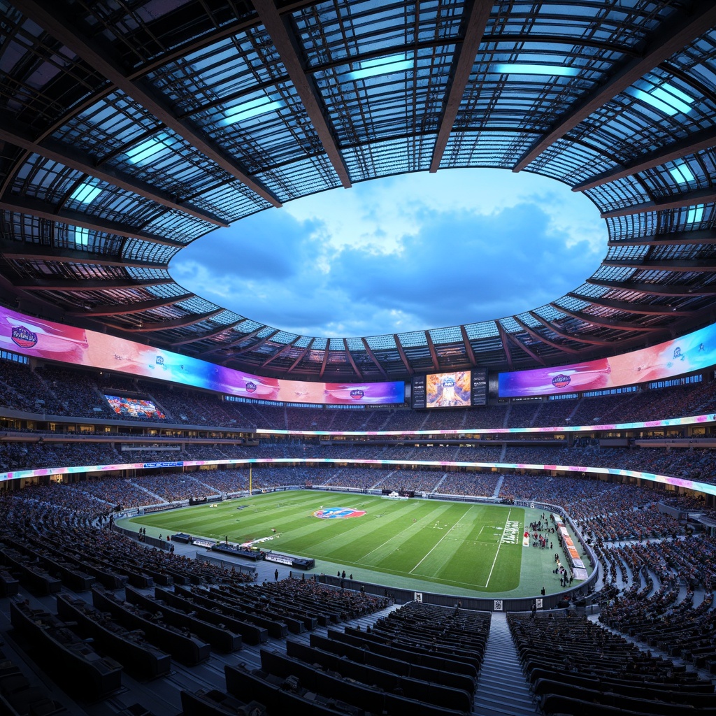 Prompt: Futuristic football stadium, aerodynamic curves, metallic latticework, iridescent colors, holographic advertisements, neon-lit scoreboard, translucent roofs, cantilevered upper decks, sleek lines, minimalist seating areas, high-tech surveillance systems, LED lighting, dynamic shading systems, misting cooling technology, angular architecture, abstract patterns, vibrant accents, 3/4 composition, low-angle shot, dramatic spotlighting, realistic reflections.