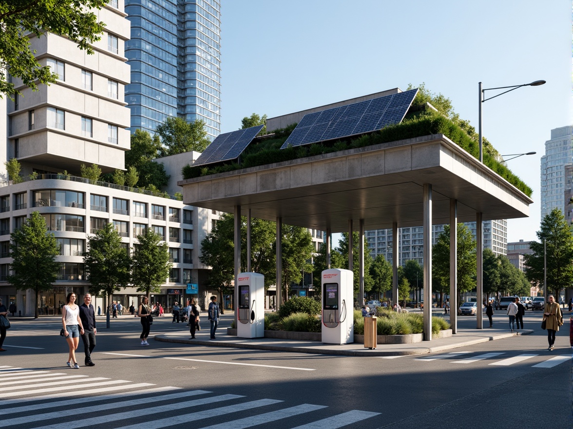 Prompt: Eco-friendly charging station, modernist architecture, sleek metal canopy, solar panels, green roofs, living walls, urban landscape, busy streets, electric vehicles, futuristic design, angular lines, minimalist aesthetic, LED lighting, neon accents, concrete floors, recycled materials, energy-efficient systems, rainwater harvesting, grey water reuse, natural ventilation, abundant daylight, shallow depth of field, 3/4 composition, panoramic view, realistic textures, ambient occlusion.