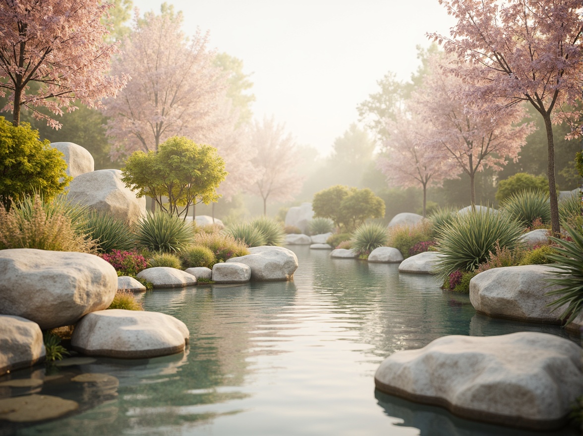 Prompt: Soft pastel hues, calming atmosphere, serene natural surroundings, gentle water features, lush greenery, blooming flowers, warm beige tones, creamy whites, pale blues, soothing mauves, earthy terracottas, subtle texture contrasts, organic shapes, minimalist composition, shallow depth of field, 1/1 aspect ratio, soft focus, warm golden lighting, realistic renderings.