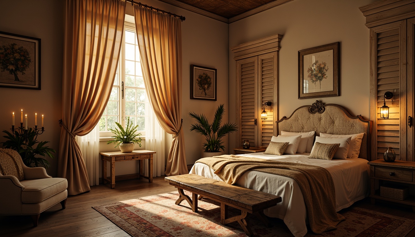 Prompt: Whimsical boudoir, soft velvety drapes, flowing silk curtains, delicate lace trimmings, ornate wooden shutters, distressed finishes, vintage hardware, romantic candlelight, warm golden hues, plush area rugs, luxurious fabrics, billowy sheers, subtle patterns, elegant folds, dramatic swags, opulent tassels, lavish trims, intimate ambiance, cozy nooks, relaxing atmosphere, soft focus, warm color palette, 1/2 composition, shallow depth of field.