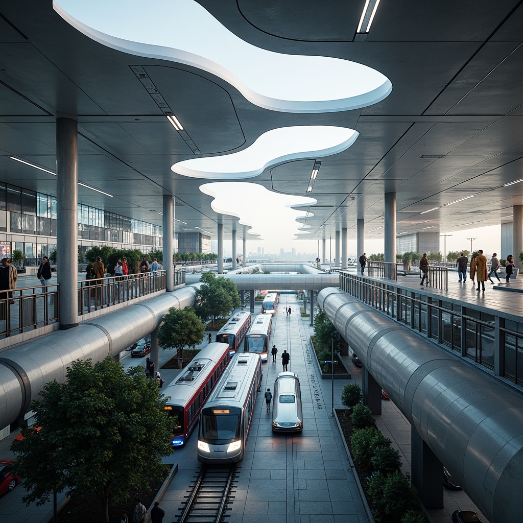 Prompt: Sleek transportation hubs, curved streamline architecture, modern metallic materials, polished chrome accents, futuristic LED lighting, dynamic fluid shapes, aerodynamic lines, high-speed rail networks, bustling urban centers, morning rush hour atmosphere, soft natural light, shallow depth of field, 1/2 composition, panoramic view, realistic reflections, ambient occlusion.