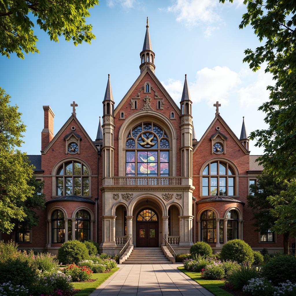 Prompt: Grandiose school building, Romanesque style, ornate stone carvings, intricate archways, vibrant stained glass windows, rustic brick facades, towering spires, grand entrance halls, sweeping staircases, ornamental ironwork, decorative column capitals, lush greenery, blooming flowerbeds, sunny afternoon, warm soft lighting, shallow depth of field, 3/4 composition, panoramic view, realistic textures, ambient occlusion.