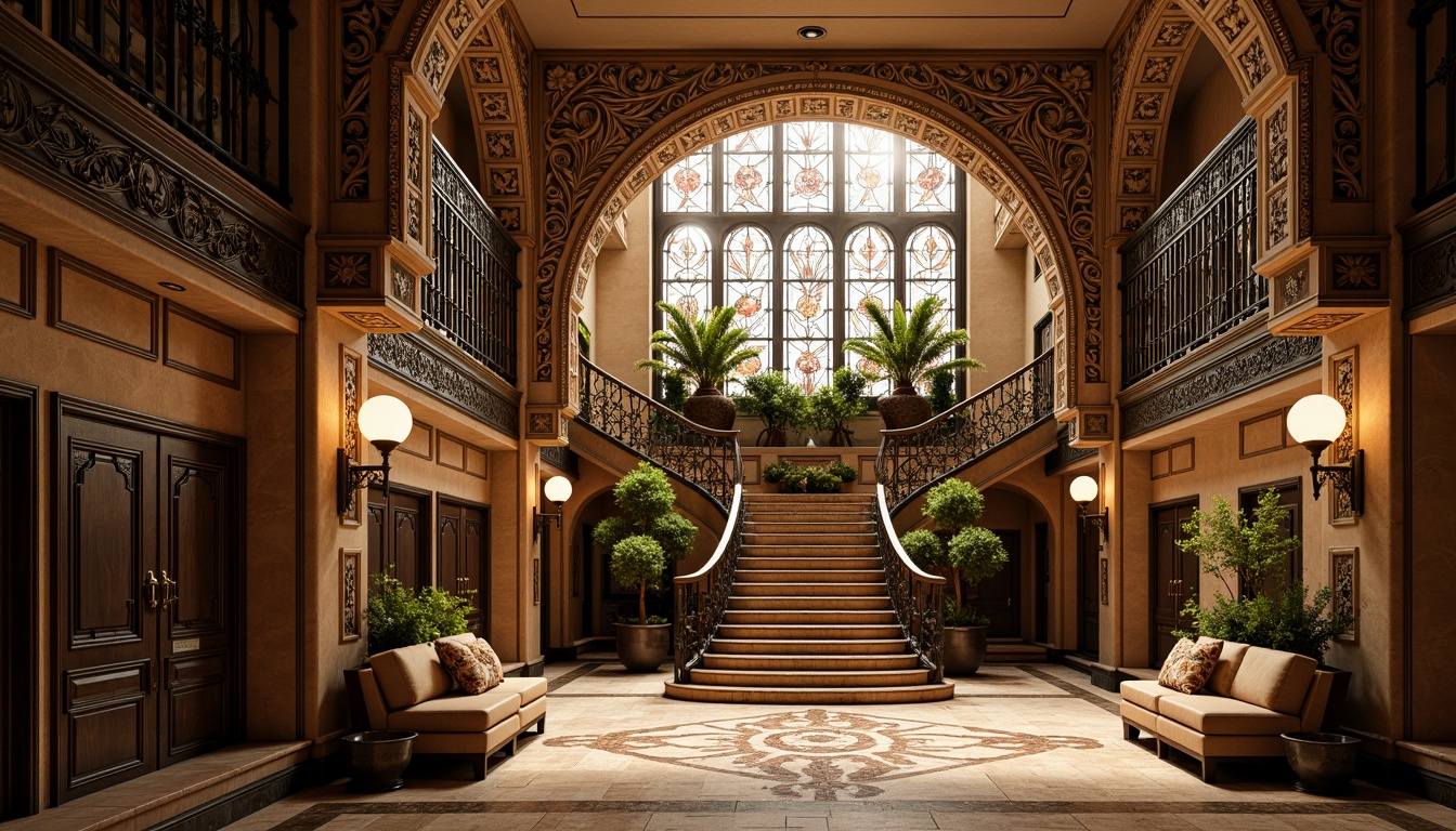 Prompt: Intricate ironwork, ornate facades, flowing organic lines, sinuous curves, botanical motifs, stained glass windows, grand entrance halls, sweeping staircases, elegant balconies, decorative tiling, mosaic patterns, warm earthy tones, soft golden lighting, 1/1 composition, shallow depth of field, realistic textures, ambient occlusion.