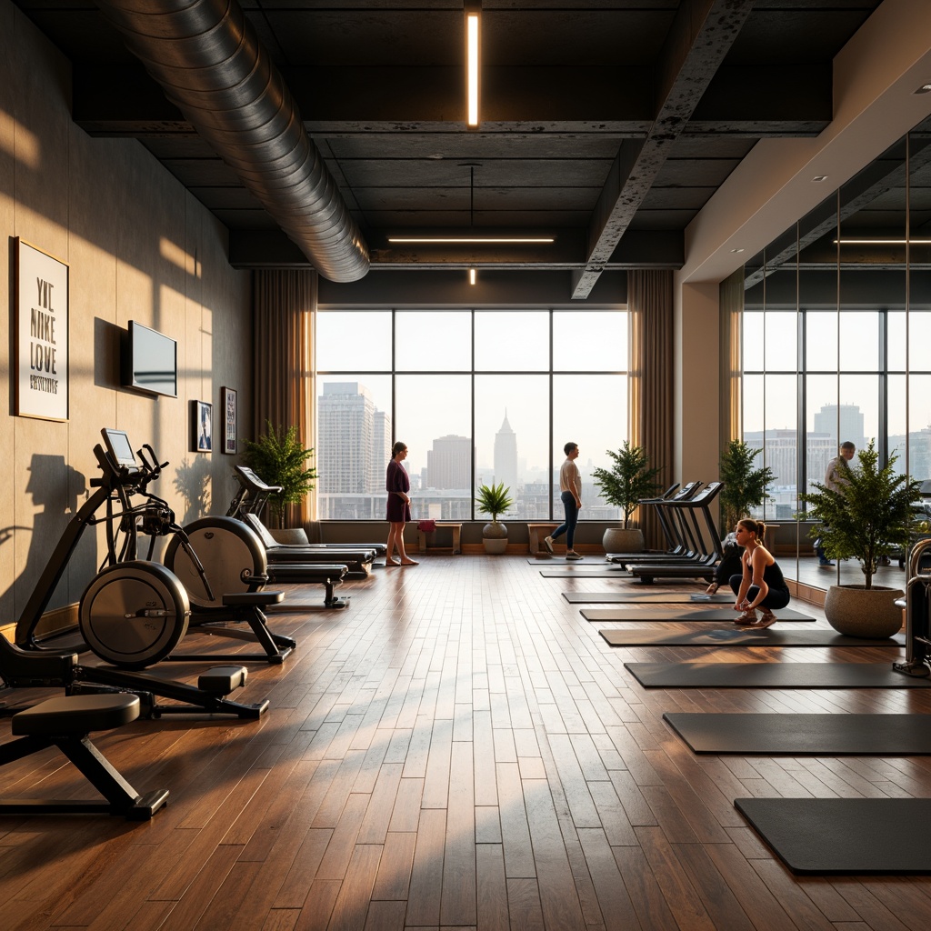 Prompt: Modern fitness club interior, spacious open layout, high ceilings, large windows, natural light pouring in, sleek wood flooring, mirrored walls, state-of-the-art exercise equipment, free weights area, cardio zone, yoga studio, stretching mats, minimalist decor, industrial-chic lighting fixtures, suspended ceiling panels, sound-absorbing materials, calming color scheme, motivational quotes, fresh air ventilation systems, panoramic city views, urban landscape, morning sunlight, soft warm glow, shallow depth of field, 1/2 composition.