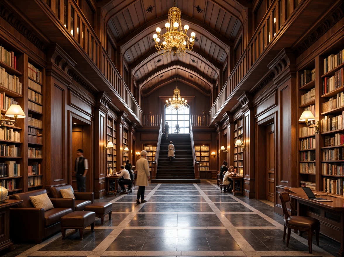 Prompt: Grand academic hallway, high ceilings, ornate chandeliers, wooden paneling, marble floors, grand staircase, cozy reading nooks, floor-to-ceiling bookshelves, leather-bound tomes, vintage globes, rich wood tones, warm soft lighting, shallow depth of field, 1/2 composition, realistic textures, ambient occlusion, classic architectural details, decorative moldings, intricate carvings, comfortable seating areas, collaborative workspaces, modern technology integration.