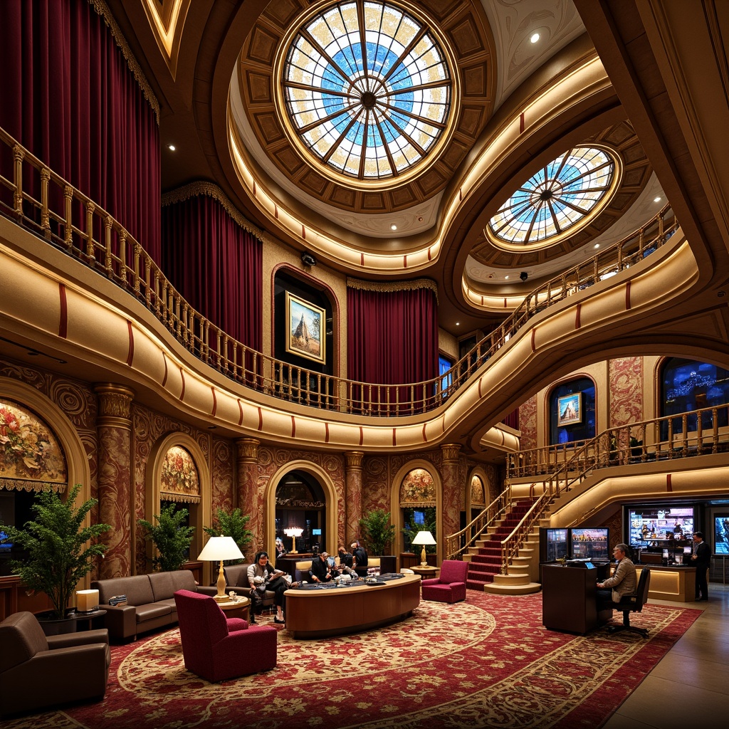 Prompt: Luxurious casino interior, ornate details, curved lines, flowing organic forms, rich jewel-toned colors, gilded accents, intricate mosaics, stained glass ceilings, grand chandeliers, velvet drapes, carved wooden paneling, metallic filigree, decorative florals, majestic archways, sweeping staircases, lavish furnishings, opulent textiles, dramatic spotlights, warm golden lighting, shallow depth of field, 1/2 composition, detailed renderings, realistic reflections.