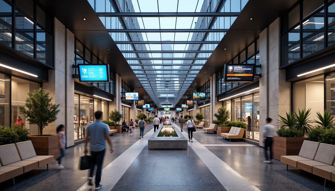 Prompt: Modern metro station interior, sleek glass ceilings, stainless steel columns, polished granite floors, vibrant LED lighting, comfortable seating areas, futuristic digital displays, clear signage systems, efficient crowd control measures, spacious platforms, natural stone walls, urban cityscape views, rush hour atmosphere, warm color tones, shallow depth of field, 1/2 composition, realistic textures, ambient occlusion.