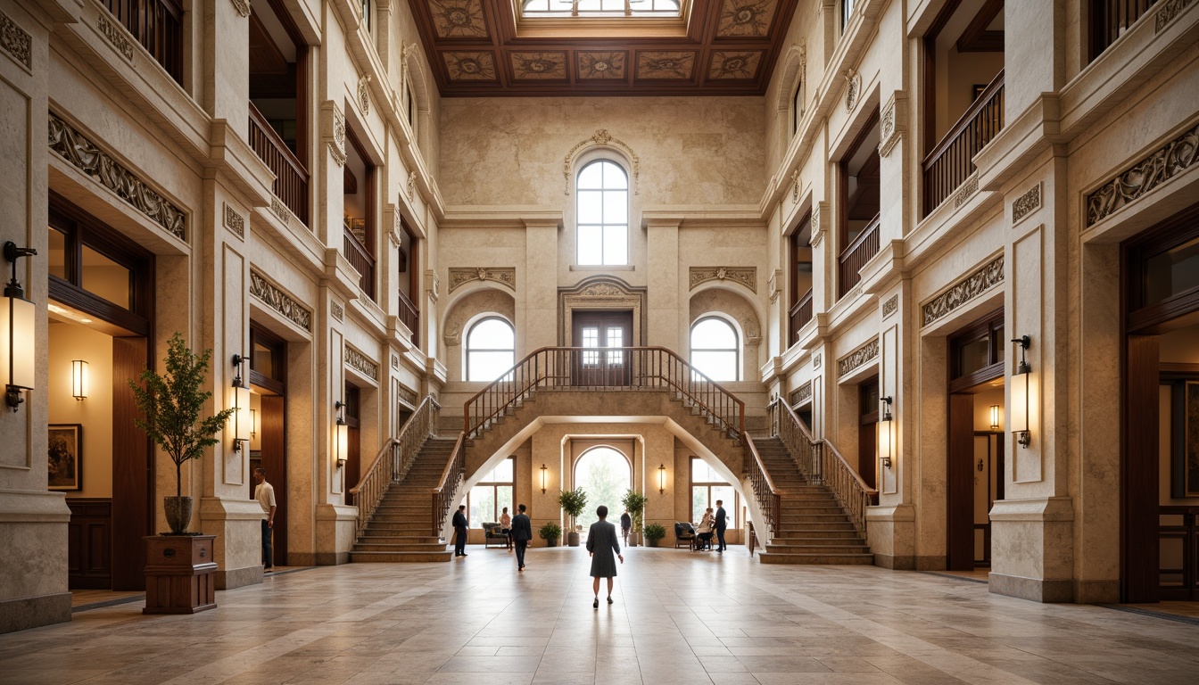 Prompt: Grand courthouse building, neoclassical architecture, ornate columns, intricately carved stonework, majestic clock tower, symmetrical facade, richly textured granite walls, polished marble floors, elegant staircases, ornamental metalwork, decorative balconies, grand entrance hall, high ceilings, large windows, natural light, warm beige color scheme, subtle lighting effects, shallow depth of field, 1/2 composition, realistic textures, ambient occlusion.