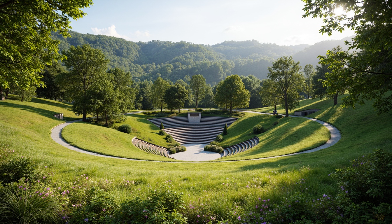 Prompt: \Natural hillside amphitheater, lush green grass, stepped seating areas, wooden benches, stone retaining walls, meandering pathways, scenic lookout points, surrounding forest, native tree species, wildflower meadows, gentle slopes, panoramic views, warm sunny day, soft diffused lighting, 1/2 composition, atmospheric perspective, realistic foliage textures, ambient occlusion.\