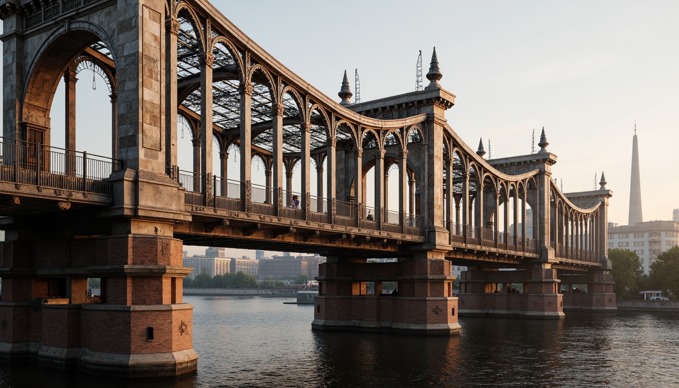 Prompt: Vibrant eclectic bridge, ornate metal trusses, rustic stone piers, weathered wooden decking, intricate ironwork railings, suspended cables, grand arches, Gothic-inspired towers, majestic columns, decorative lamp posts, industrial-style girders, riveted steel beams, distressed brick abutments, scenic riverbank setting, misty atmospheric lighting, warm golden hour, shallow depth of field, 1/2 composition, realistic textures, ambient occlusion.