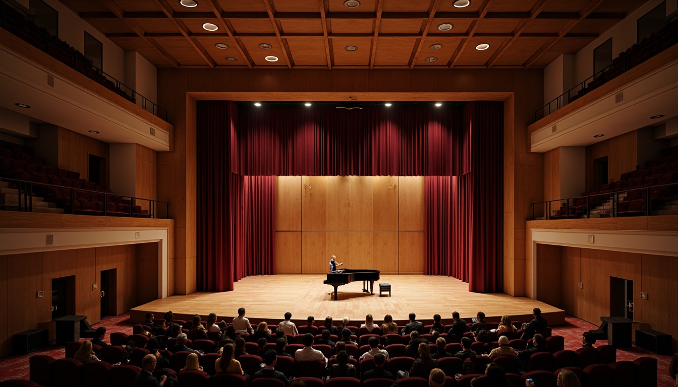 Prompt: Intimate concert hall, wooden stage, grand piano, velvet curtains, plush audience seating, sound-absorbing panels, acoustic diffusers, reverberation-enhancing architecture, warm ambient lighting, subtle color scheme, rich wood tones, ornate details, precise sound reflection, 1/2 composition, shallow depth of field, soft focus, realistic textures, ambient occlusion.