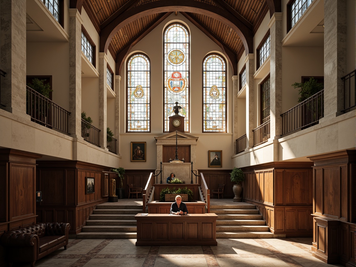 Prompt: Historic courthouse building, traditional architecture, granite stone facade, ornate clock tower, neoclassical columns, solemn atmosphere, muted earth tones, beige walls, rich wood accents, elegant furnishings, natural light streaming through stained glass windows, subtle warm lighting, 1/1 composition, realistic textures, ambient occlusion.