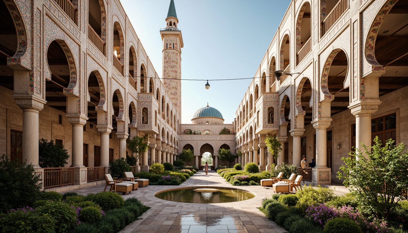 Prompt: Vibrant Islamic-inspired architecture, intricately designed mosques, ornate geometric tiles, kaleidoscope patterns, colorful ceramic mosaics, arabesque motifs, grand archways, soaring minarets, lush green courtyards, serene water features, warm golden lighting, shallow depth of field, 1/1 composition, realistic textures, ambient occlusion.