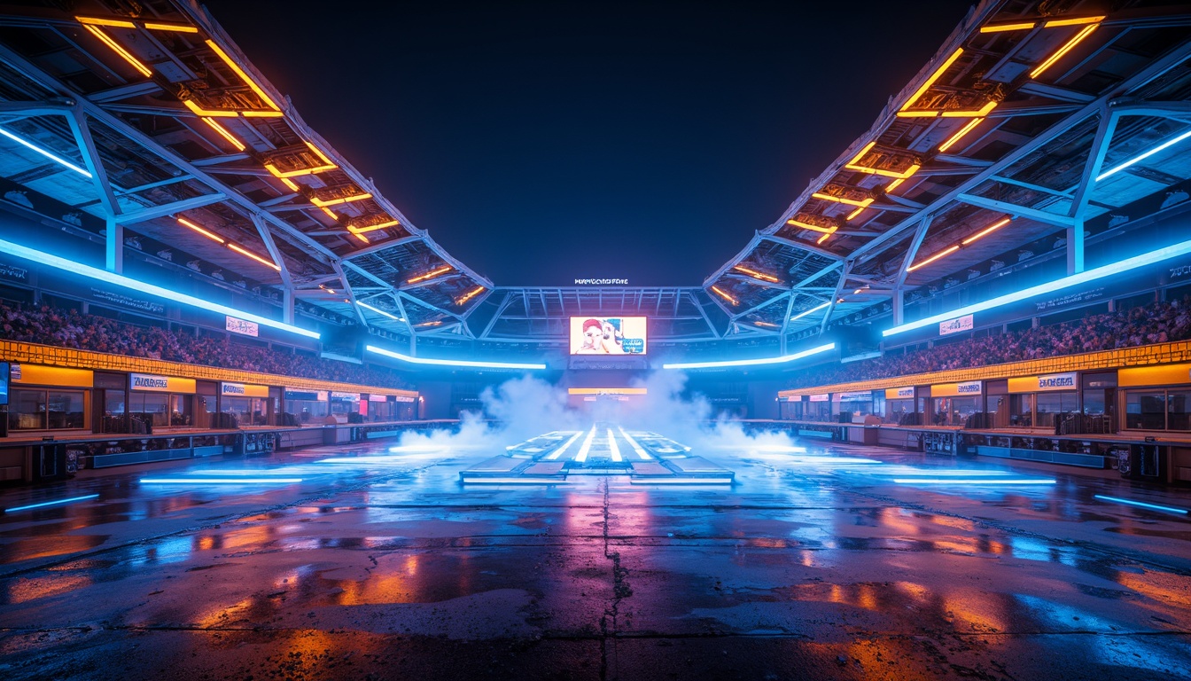 Prompt: Neon-lit stadiums, iridescent accents, metallic sheen, holographic patterns, glowing lines, electric blue hues, radiant oranges, vibrant yellows, hot pinks, sleek silver surfaces, polished chrome details, futuristic architecture, curved lines, aerodynamic shapes, LED lighting systems, dynamic shadows, high-tech materials, translucent canopies, atmospheric mist, dramatic spotlights, cinematic composition, shallow depth of field, 3/4 framing.