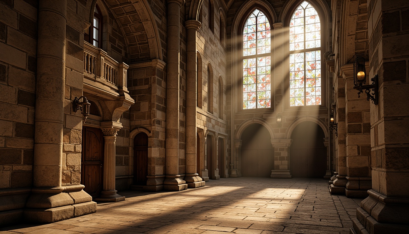 Prompt: Rustic stone walls, ornate carvings, grand arched windows, stained glass details, intricate column capitals, weathered brick facades, medieval-inspired architecture, warm golden lighting, soft misty atmosphere, shallow depth of field, 1/2 composition, symmetrical framing, rich textures, ambient occlusion.