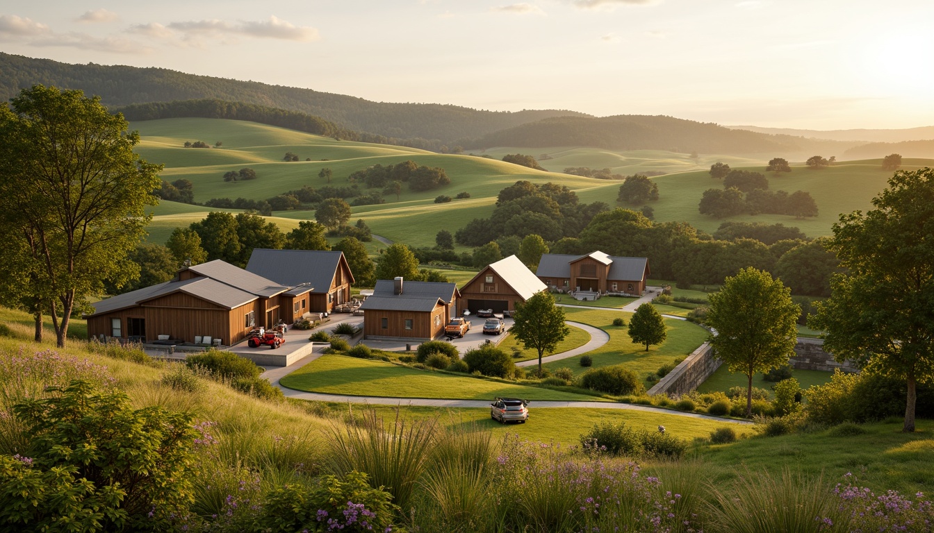 Prompt: Rolling hills, lush green pastures, rustic farmhouses, wooden barns, vintage tractors, blooming wildflowers, winding dirt roads, scenic lookout points, modern farmhouse architecture, sustainable farming practices, solar-powered irrigation systems, organic crop rotation, natural stone retaining walls, meandering streams, rural landscape views, warm golden lighting, soft focus, 1/1 composition, panoramic vista, realistic terrain textures, ambient atmospheric effects.